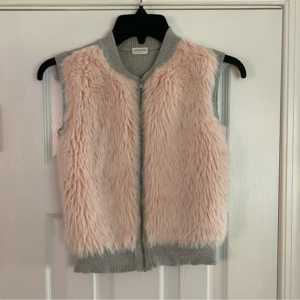 Crew Cuts Girls Zip Up Faux Fur Sweater Vest Size 10 Gray Pink Furry